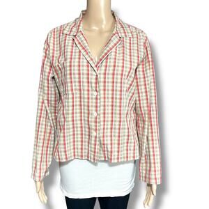 Vintage Dockers Womens Plaid Button Down Blouse Shirt Top Red Brown Medium